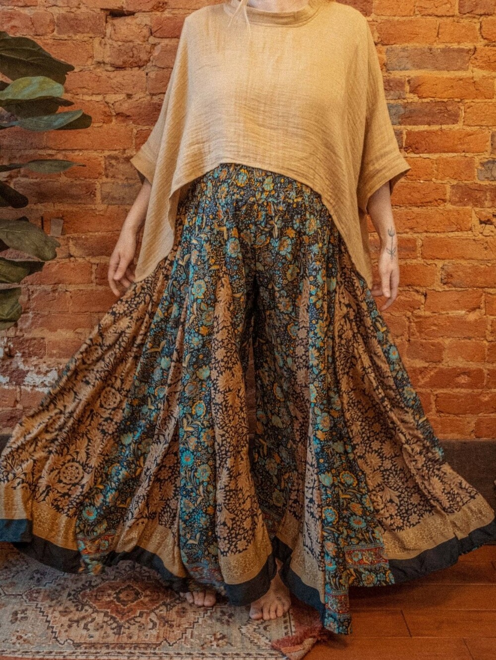 Gardenbelle Hippie Boho Wide Leg Patchwork Flow Trousers Blue/Gold Open Size
